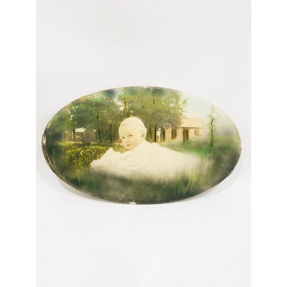 Antique Oval Photo of Baby Boy Died in 1919 Flu Pandemic Hand Painted Convex